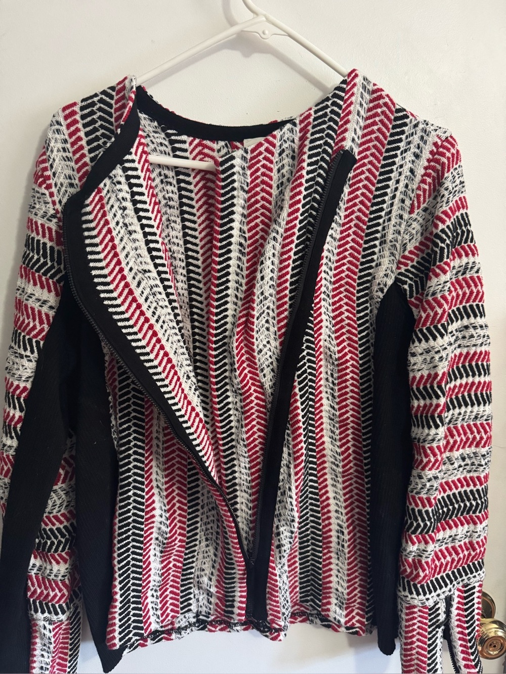 Chico's Retro Black, White & Red Striped Open-Front Knit Cardigan